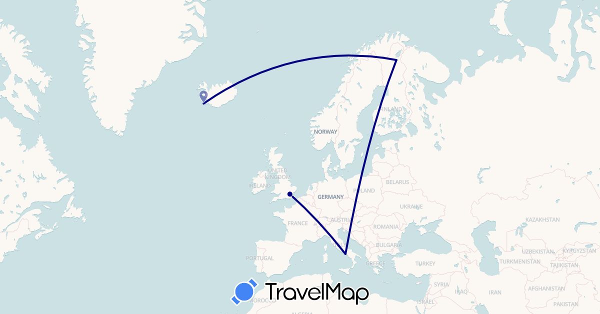 TravelMap itinerary: driving in Finland, United Kingdom, Iceland, Italy (Europe)
